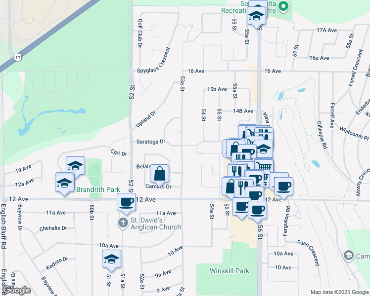 map of restaurants, bars, coffee shops, grocery stores, and more near 1370 53A Street in Delta