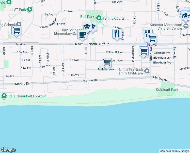 map of restaurants, bars, coffee shops, grocery stores, and more near 13657 Marine Drive in White Rock