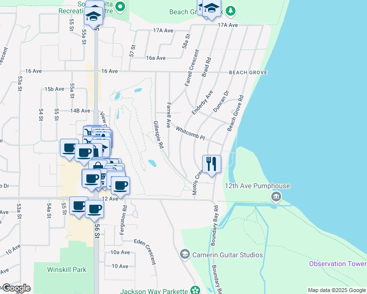 map of restaurants, bars, coffee shops, grocery stores, and more near 1368 Enderby Avenue in Delta