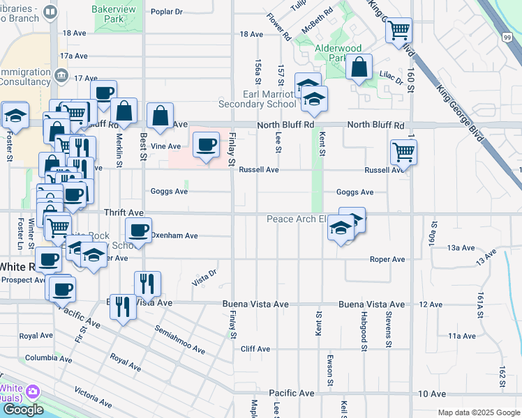 map of restaurants, bars, coffee shops, grocery stores, and more near 15651 Thrift Avenue in White Rock