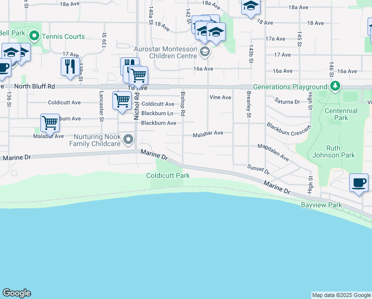 map of restaurants, bars, coffee shops, grocery stores, and more near 1408 Bishop Road in White Rock