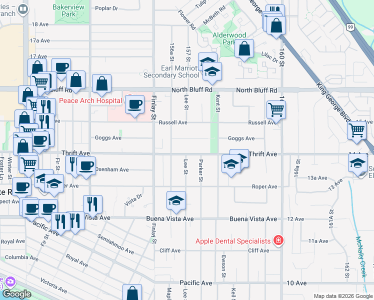 map of restaurants, bars, coffee shops, grocery stores, and more near 15695 Thrift Avenue in White Rock