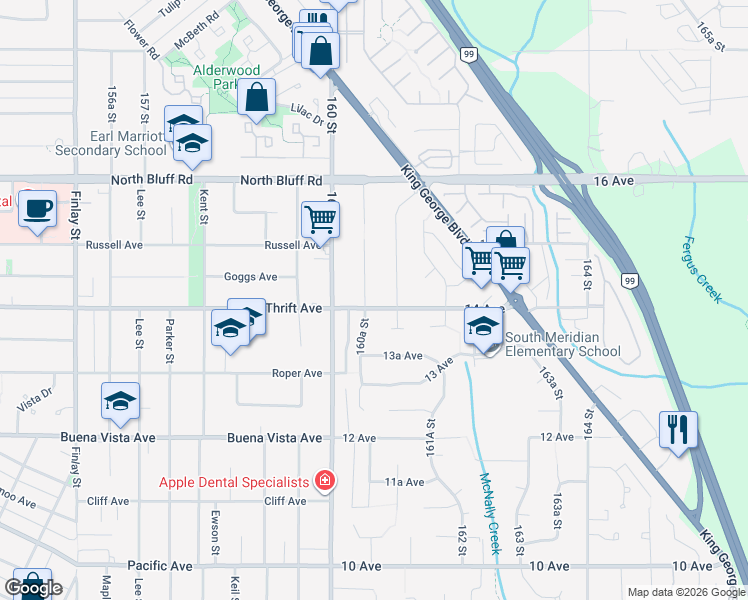 map of restaurants, bars, coffee shops, grocery stores, and more near 16067 14 Avenue in Surrey