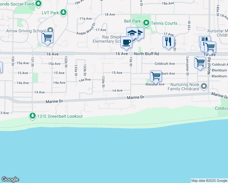 map of restaurants, bars, coffee shops, grocery stores, and more near 13512 14 Avenue in Surrey
