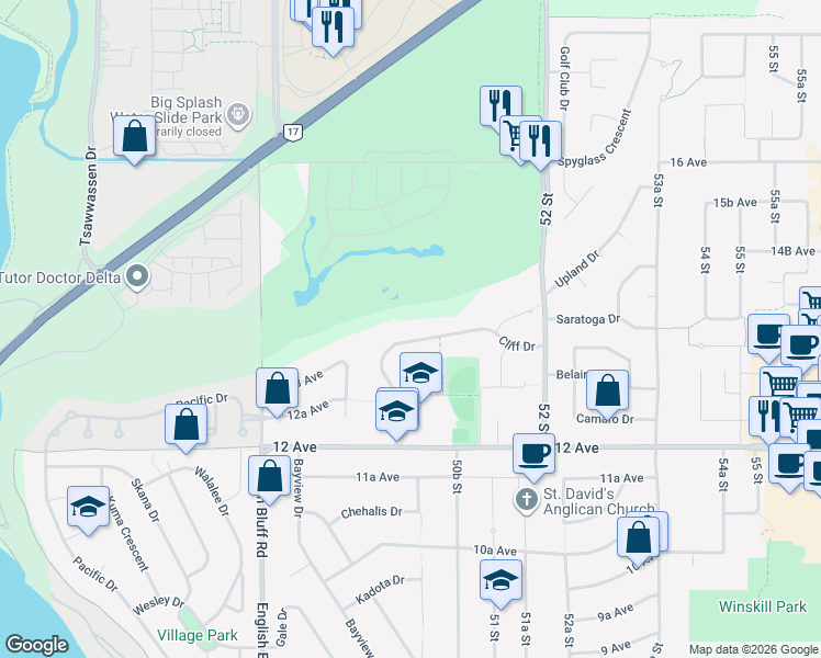 map of restaurants, bars, coffee shops, grocery stores, and more near 5015 Cliff Drive in Delta
