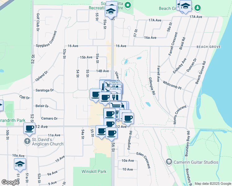 map of restaurants, bars, coffee shops, grocery stores, and more near 1375 View Crescent in Delta