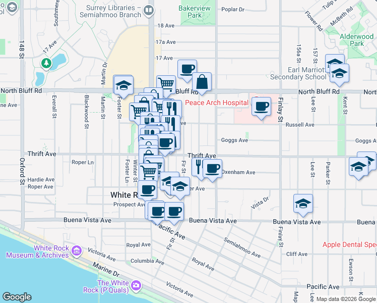 map of restaurants, bars, coffee shops, grocery stores, and more near 15317 Thrift Avenue in White Rock