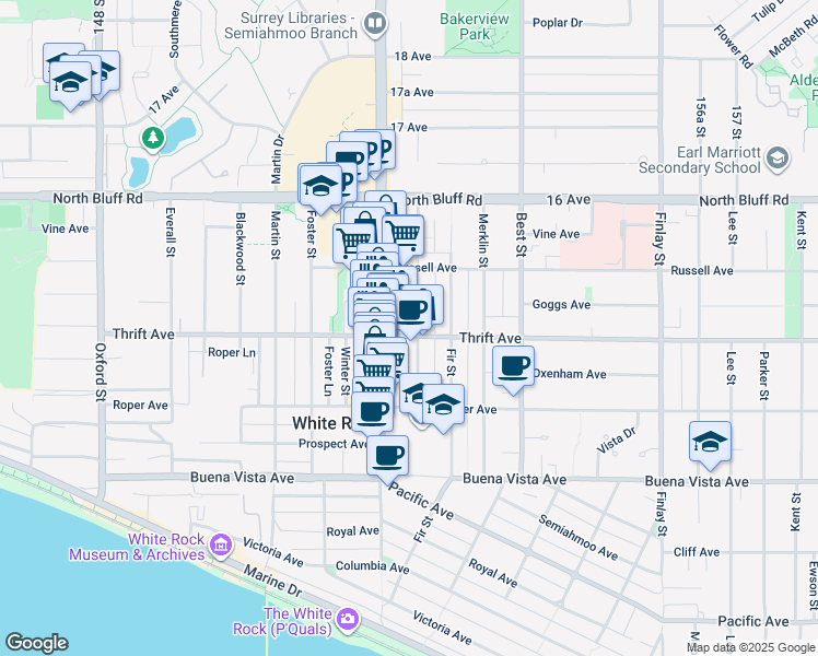 map of restaurants, bars, coffee shops, grocery stores, and more near 1439 George Street in White Rock
