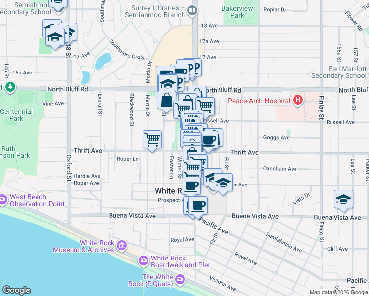 map of restaurants, bars, coffee shops, grocery stores, and more near 15165 Thrift Avenue in White Rock