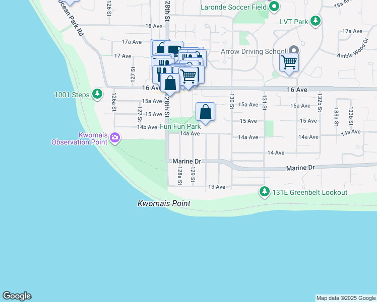 map of restaurants, bars, coffee shops, grocery stores, and more near 1405 129 Street in Surrey