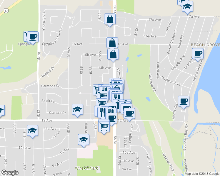 map of restaurants, bars, coffee shops, grocery stores, and more near 1323 56 Street in Delta