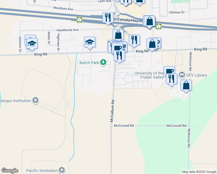 map of restaurants, bars, coffee shops, grocery stores, and more near 1419 McCallum Road in Abbotsford
