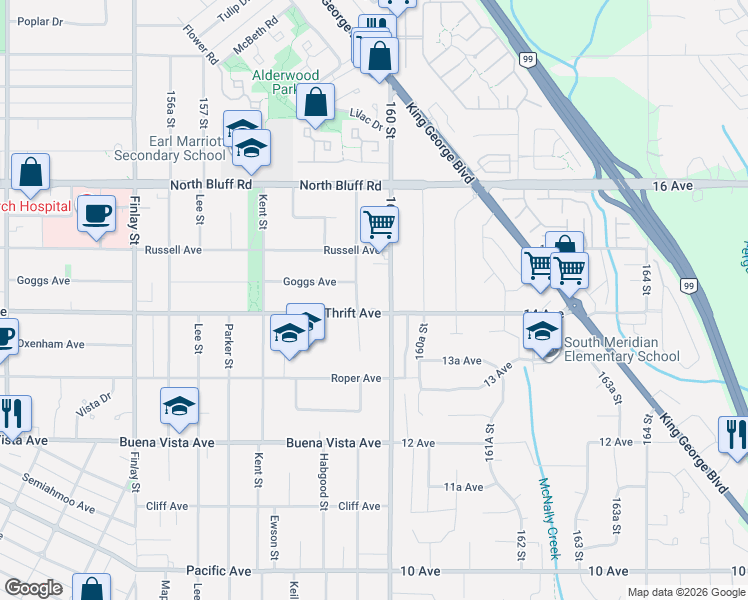 map of restaurants, bars, coffee shops, grocery stores, and more near 15991 Thrift Avenue in White Rock