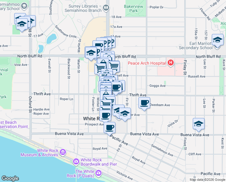 map of restaurants, bars, coffee shops, grocery stores, and more near 1439 George Street in White Rock