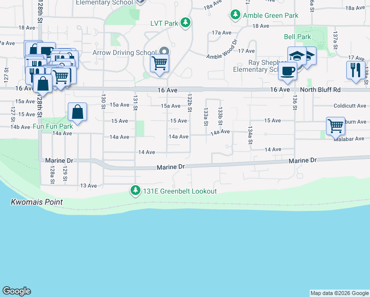 map of restaurants, bars, coffee shops, grocery stores, and more near 13259 14 Avenue in Surrey