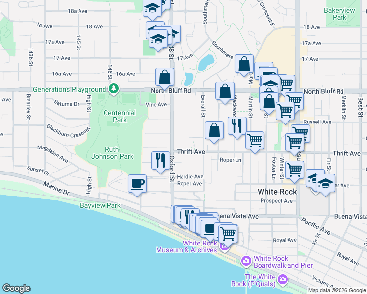 map of restaurants, bars, coffee shops, grocery stores, and more near 14825 Thrift Avenue in White Rock