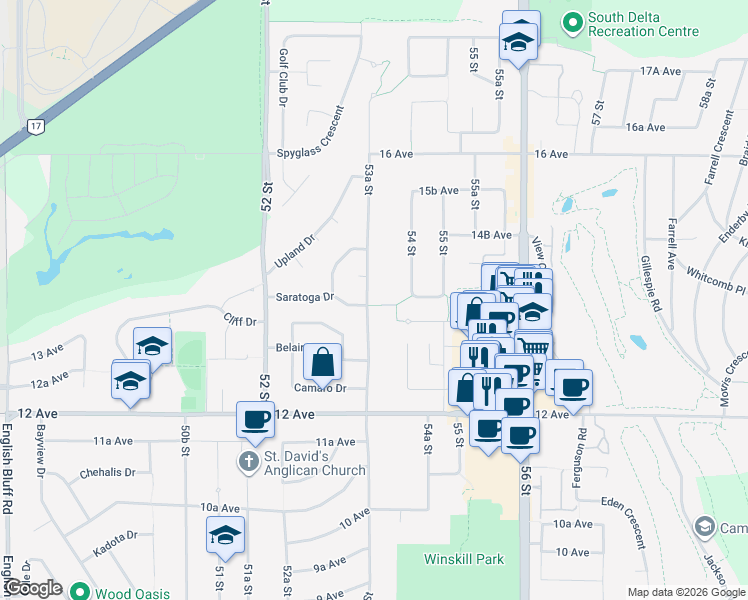 map of restaurants, bars, coffee shops, grocery stores, and more near 1380 53A Street in Delta