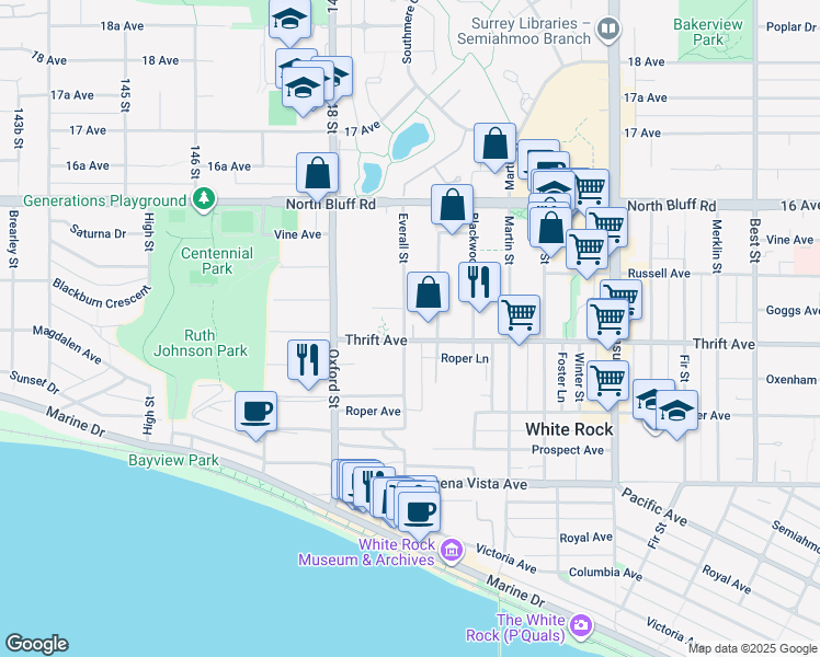 map of restaurants, bars, coffee shops, grocery stores, and more near 1424 Everall Street in White Rock