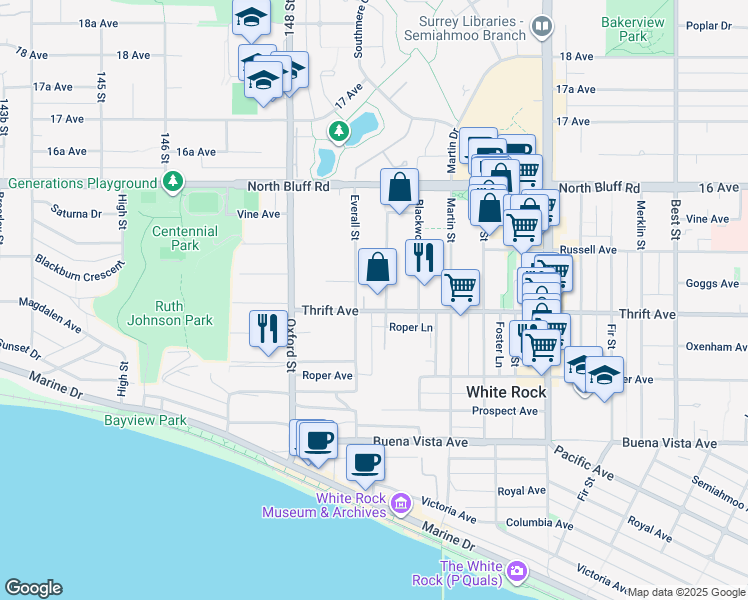map of restaurants, bars, coffee shops, grocery stores, and more near 14921 Thrift Avenue in White Rock
