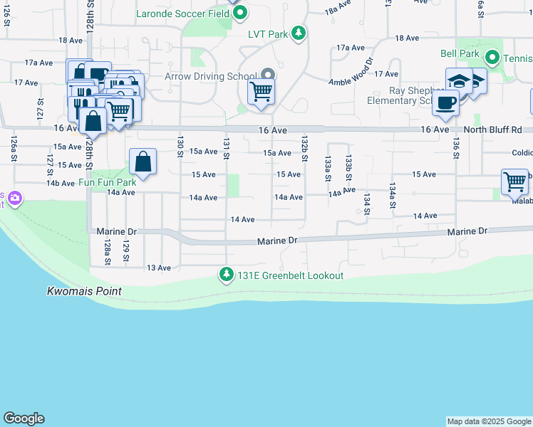 map of restaurants, bars, coffee shops, grocery stores, and more near 13195 14 Avenue in Surrey