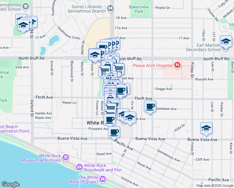 map of restaurants, bars, coffee shops, grocery stores, and more near in Surrey