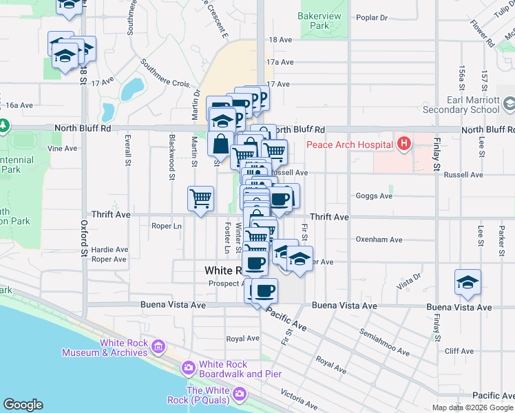 map of restaurants, bars, coffee shops, grocery stores, and more near 1441 Johnston Road in White Rock