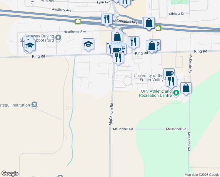 map of restaurants, bars, coffee shops, grocery stores, and more near 1419 McCallum Road in Abbotsford
