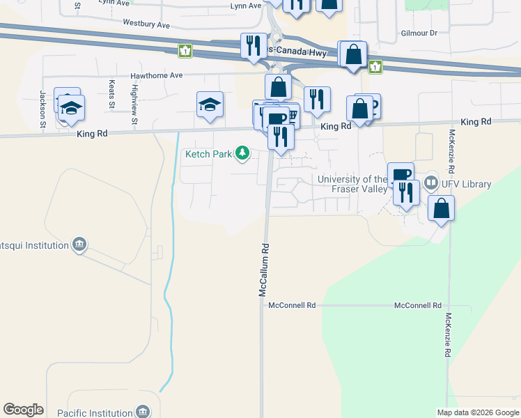 map of restaurants, bars, coffee shops, grocery stores, and more near 1419 McCallum Road in Abbotsford