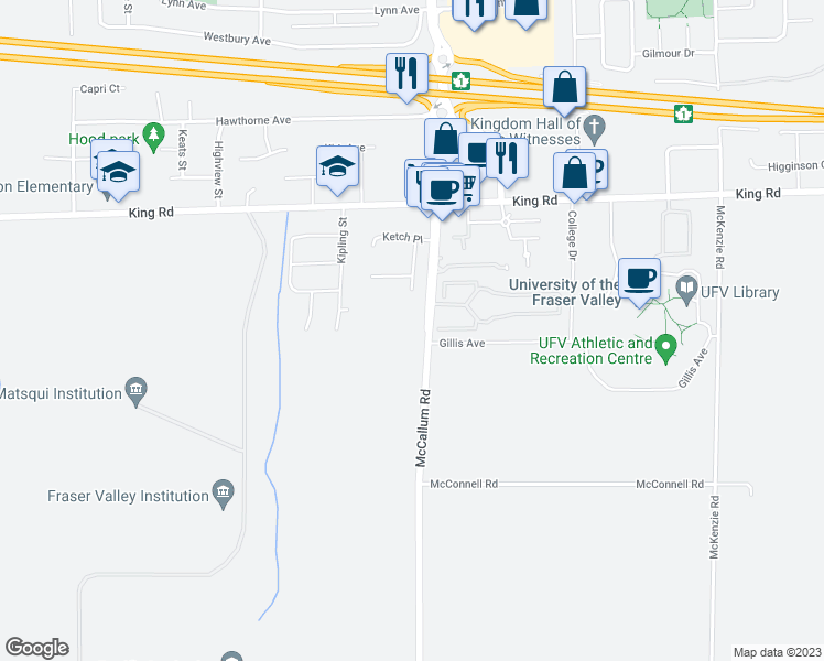 map of restaurants, bars, coffee shops, grocery stores, and more near 1419 McCallum Road in Abbotsford