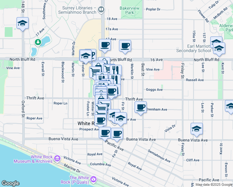 map of restaurants, bars, coffee shops, grocery stores, and more near in White Rock