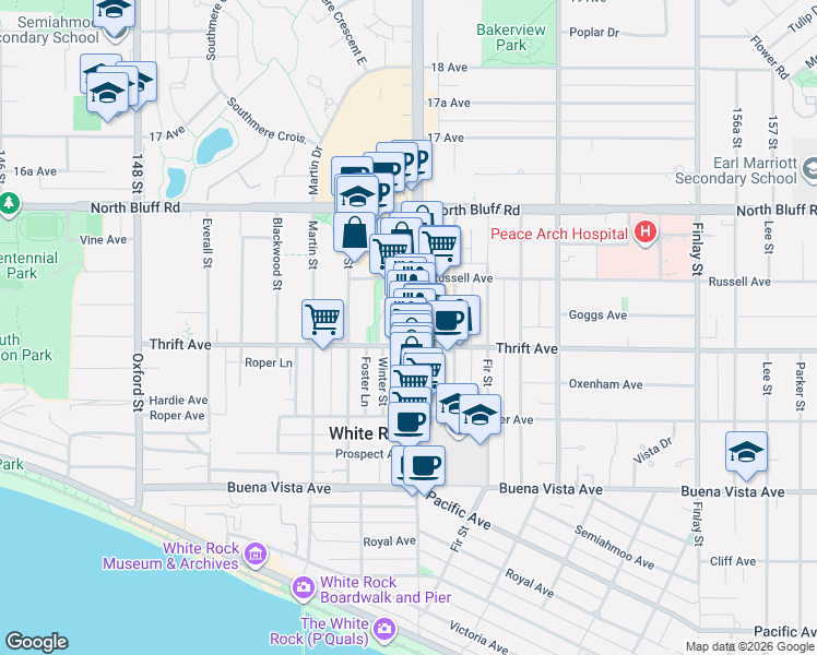 map of restaurants, bars, coffee shops, grocery stores, and more near in White Rock