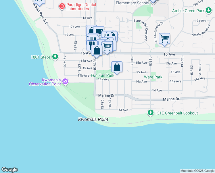 map of restaurants, bars, coffee shops, grocery stores, and more near 1425 129 Street in Surrey