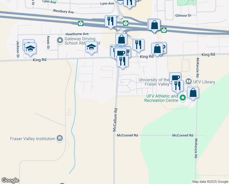 map of restaurants, bars, coffee shops, grocery stores, and more near 1419 McCallum Road in Abbotsford