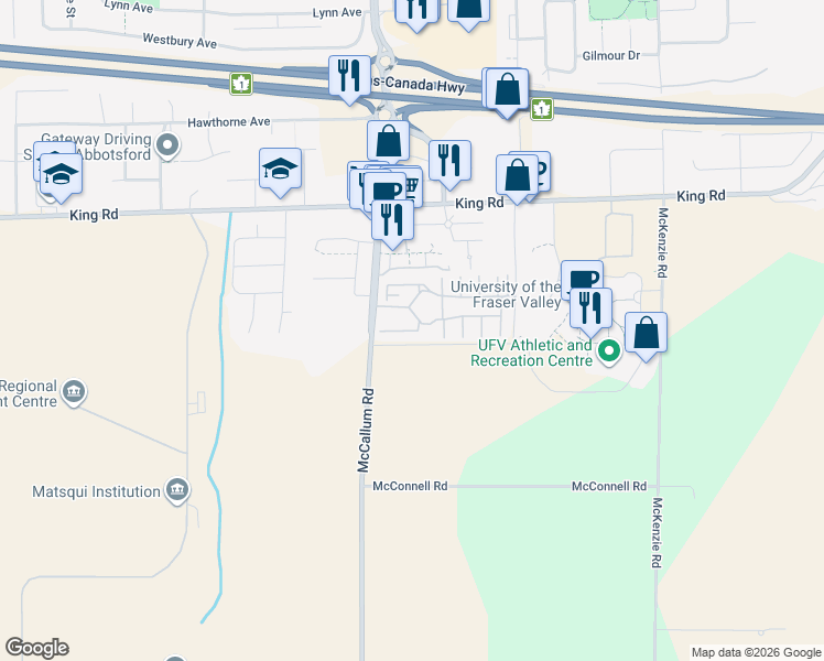 map of restaurants, bars, coffee shops, grocery stores, and more near 1374 McCallum Road in Abbotsford