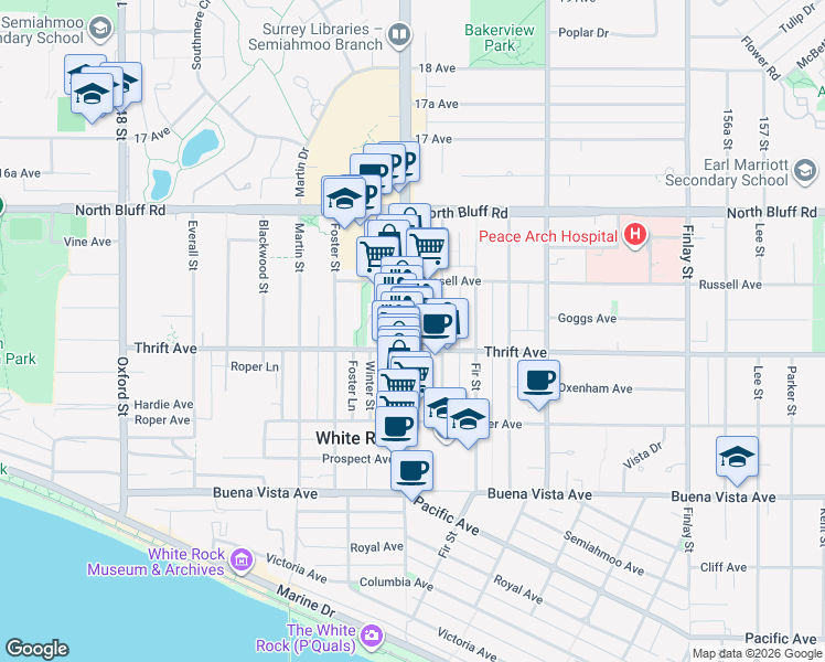 map of restaurants, bars, coffee shops, grocery stores, and more near 1420 Johnston Road in White Rock