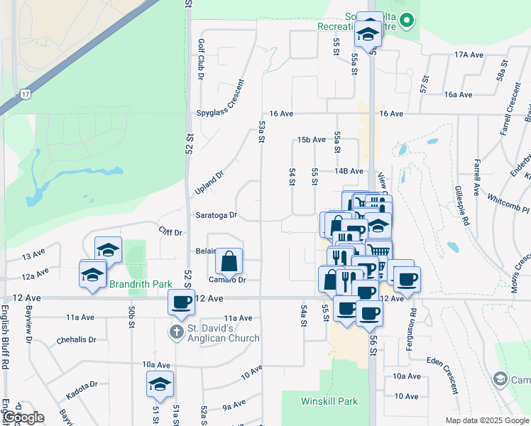 map of restaurants, bars, coffee shops, grocery stores, and more near 1390 53A Street in Delta