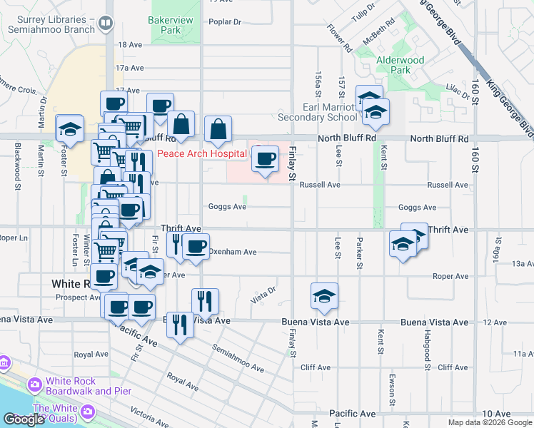 map of restaurants, bars, coffee shops, grocery stores, and more near 15556 Goggs Avenue in White Rock