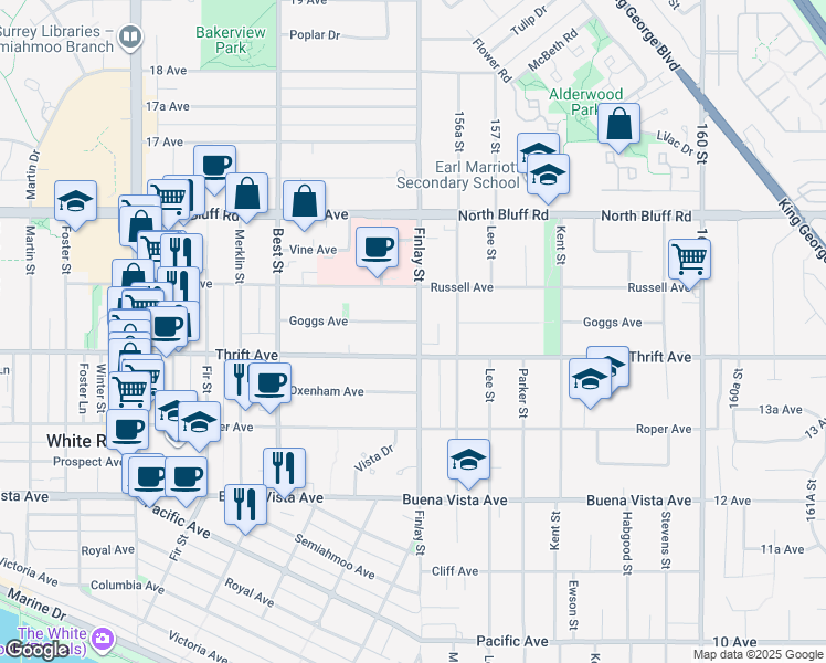 map of restaurants, bars, coffee shops, grocery stores, and more near 15598 Goggs Avenue in White Rock