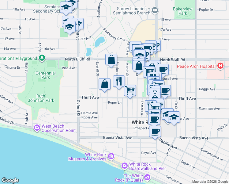 map of restaurants, bars, coffee shops, grocery stores, and more near 1441 Blackwood Street in White Rock