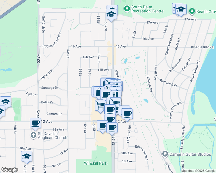 map of restaurants, bars, coffee shops, grocery stores, and more near 1323 56 Street in Delta
