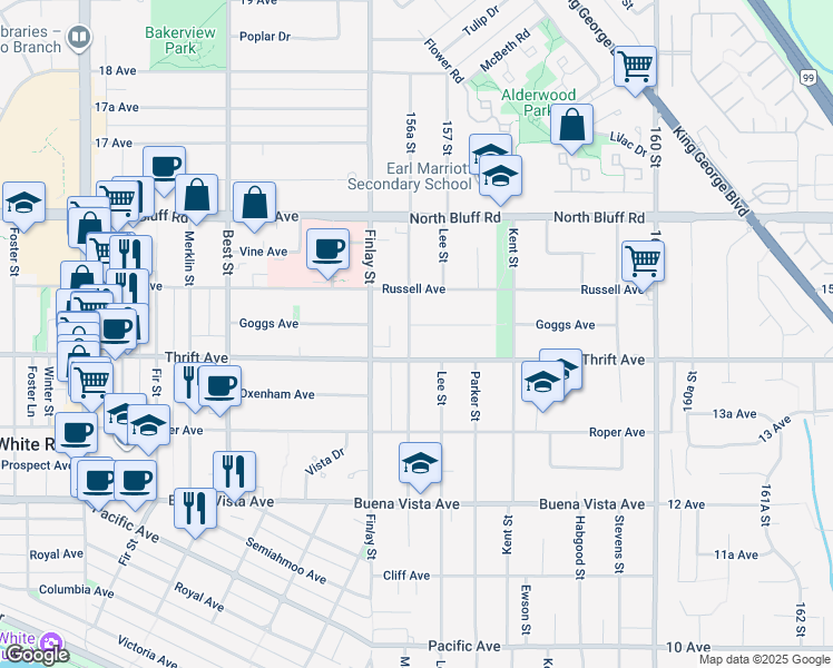 map of restaurants, bars, coffee shops, grocery stores, and more near 1440 Maple Street in White Rock