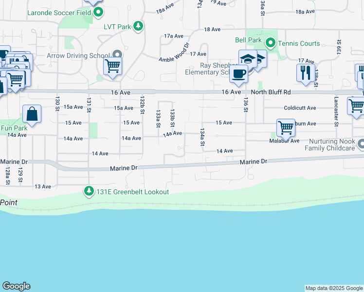 map of restaurants, bars, coffee shops, grocery stores, and more near 13395 14 Avenue in Surrey