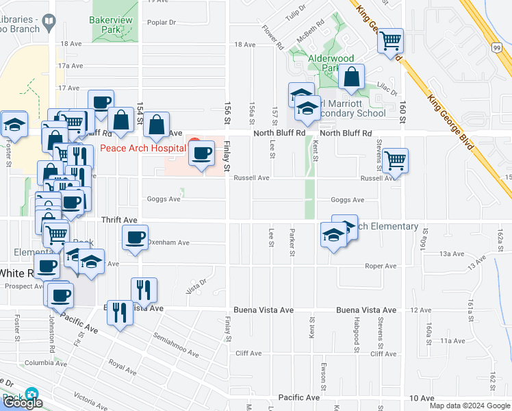 map of restaurants, bars, coffee shops, grocery stores, and more near 1440 Maple Street in White Rock