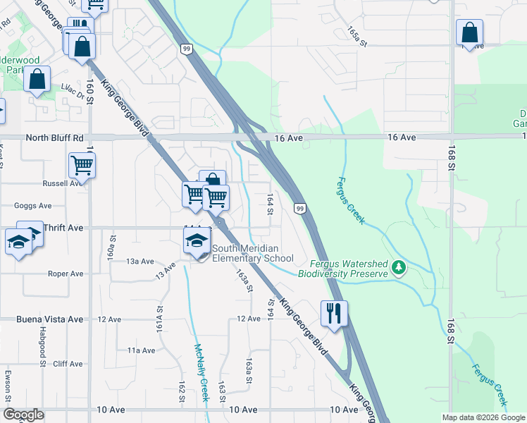 map of restaurants, bars, coffee shops, grocery stores, and more near 16378 14A Avenue in Surrey