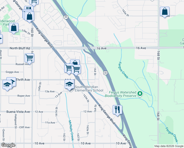 map of restaurants, bars, coffee shops, grocery stores, and more near 16370 14A Avenue in Surrey