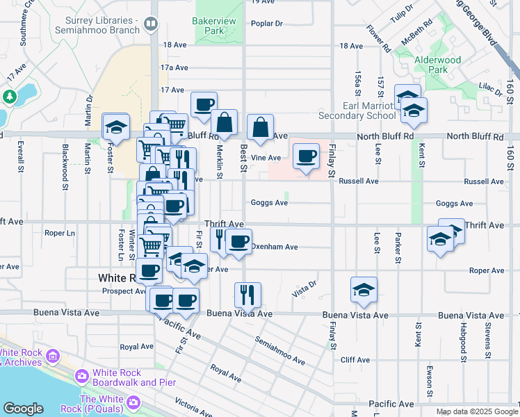 map of restaurants, bars, coffee shops, grocery stores, and more near 15436 Goggs Avenue in White Rock