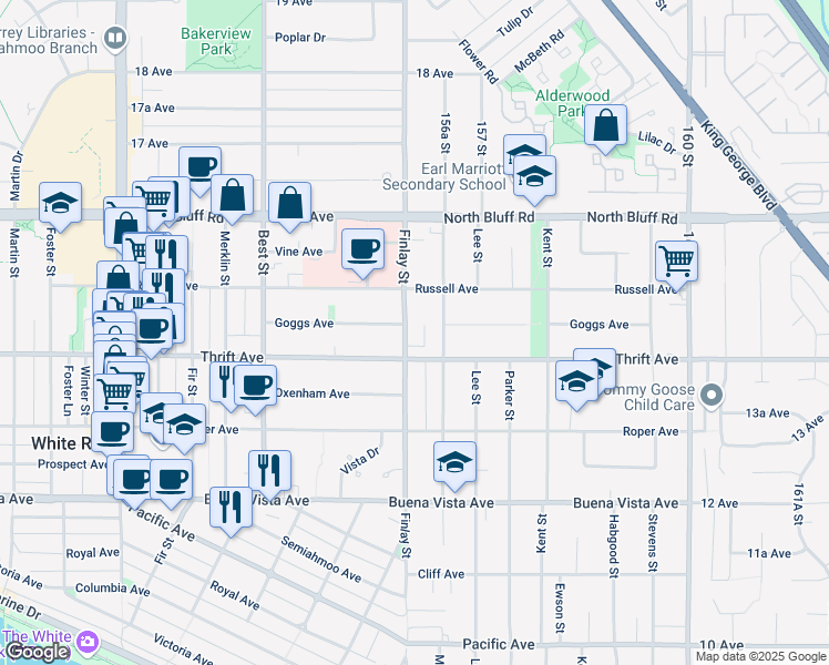map of restaurants, bars, coffee shops, grocery stores, and more near 1426 Finlay Street in White Rock