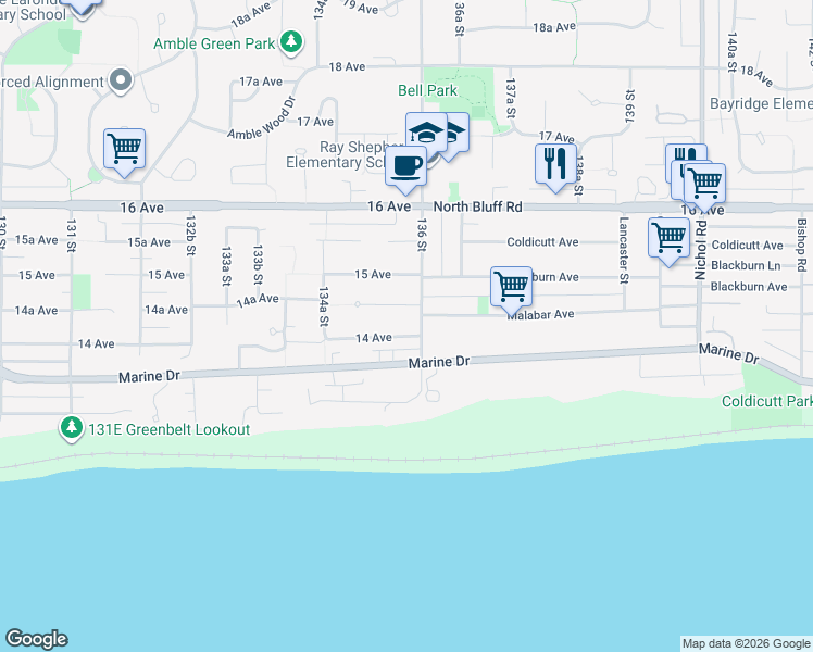 map of restaurants, bars, coffee shops, grocery stores, and more near 13575 14 Avenue in Surrey