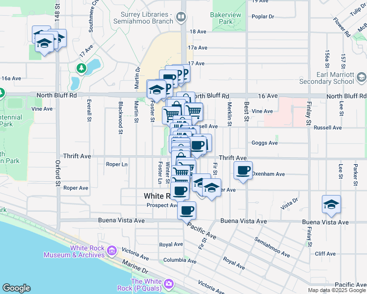 map of restaurants, bars, coffee shops, grocery stores, and more near Johnston Road in White Rock
