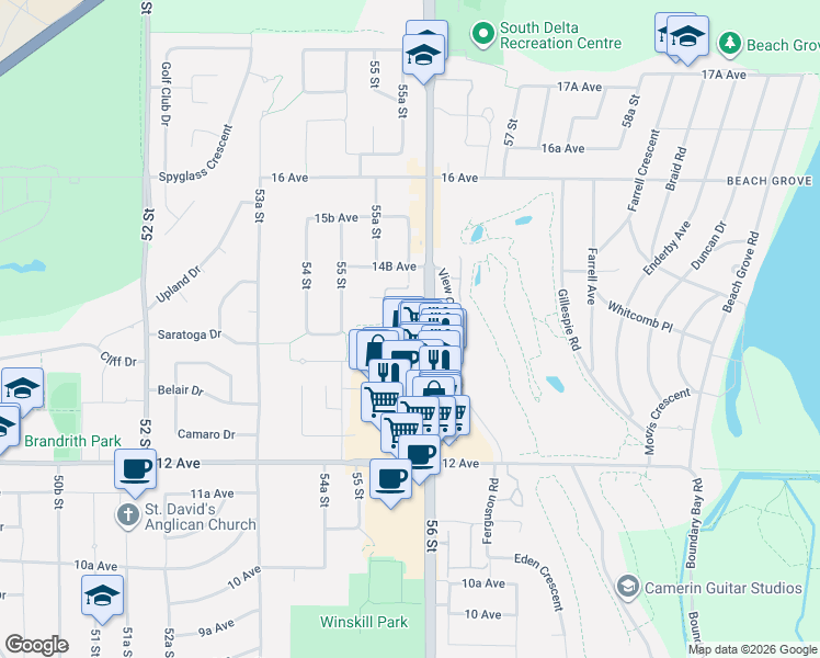 map of restaurants, bars, coffee shops, grocery stores, and more near 5556 14 Avenue in Delta